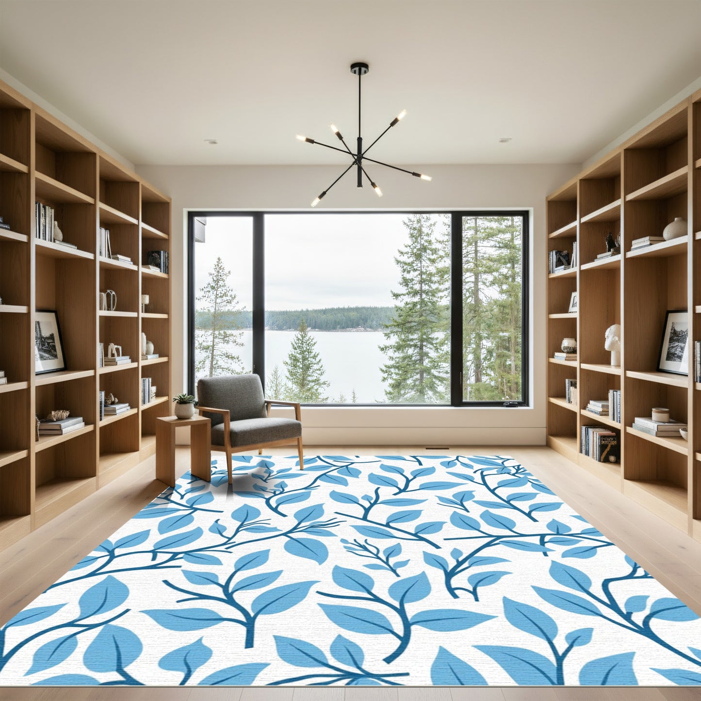 Sky Blue Leafy Branch Pattern Rug