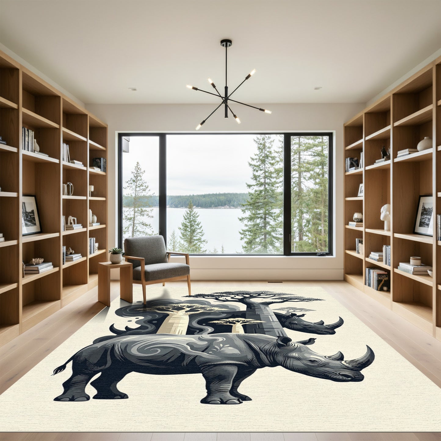 Monochromatic African Rhino Baobab Silhouette Rug
