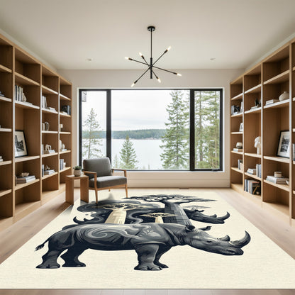Monochromatic African Rhino Baobab Silhouette Rug