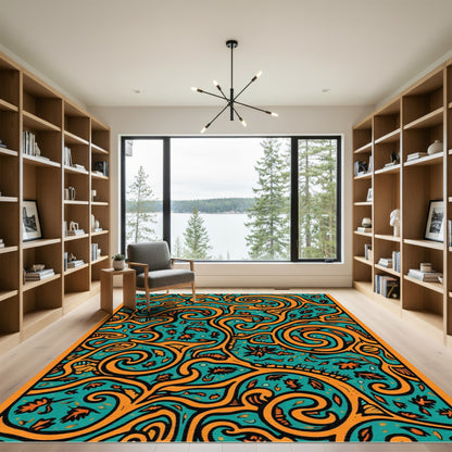 Teal Orange Swirling Vine Floral Rug