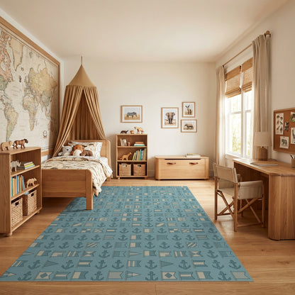 Teal Nautical Flags Anchors Rug