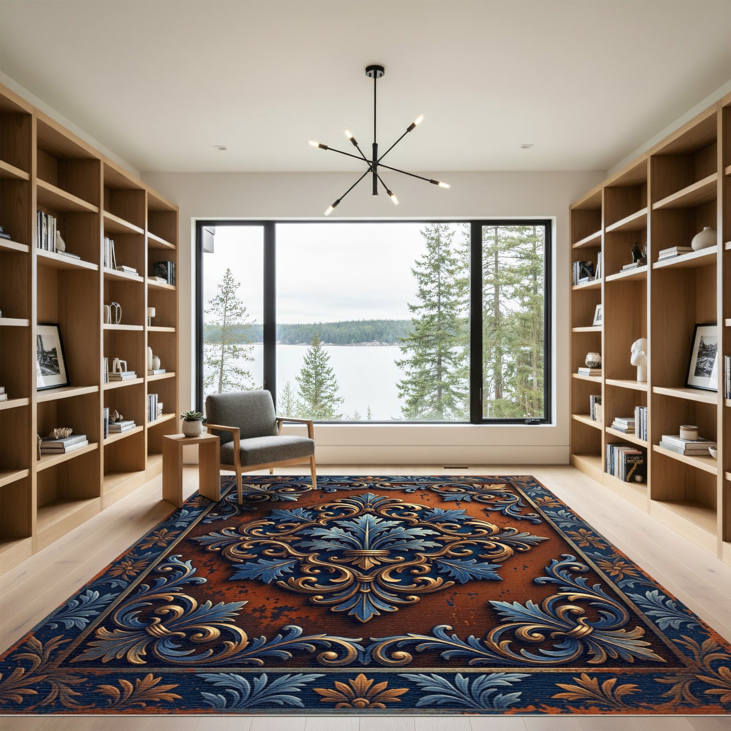 Ornate Blue Gold Fleur De Lis Rampant Rug