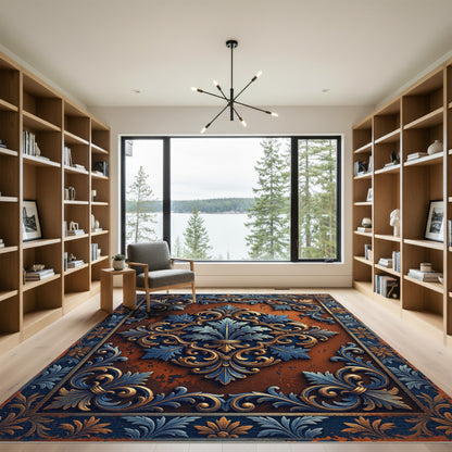 Ornate Blue Gold Fleur De Lis Rampant Rug