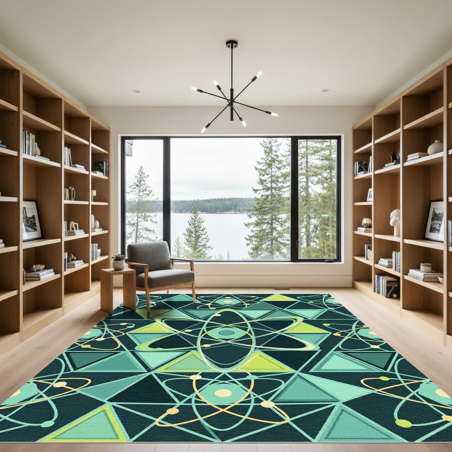 Teal Geometric Atom Science Mandala Rug
