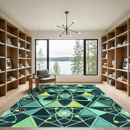 Teal Geometric Atom Science Mandala Rug