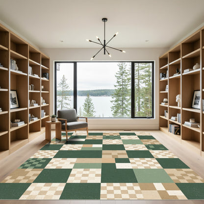 Modern Sage Forest Checkerboard Grid Rug
