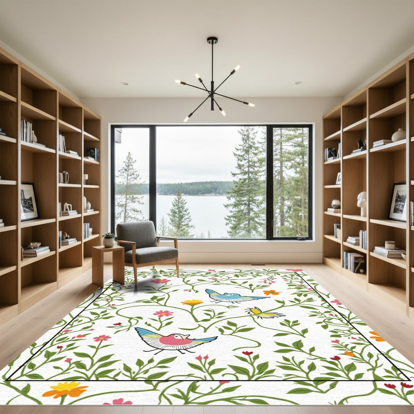 Whimsical Garden Birds Floral Vines Rug