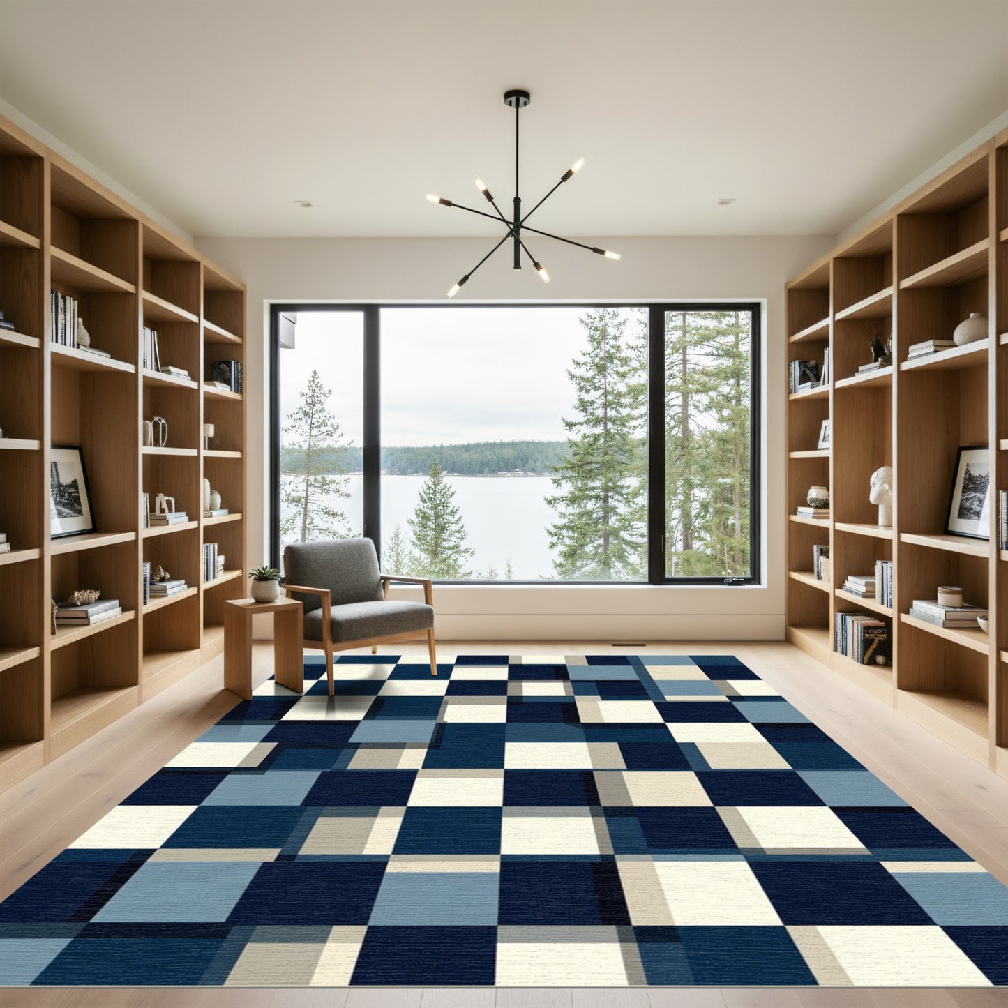 Navy Blue Cream Geometric Checkerboard Rug