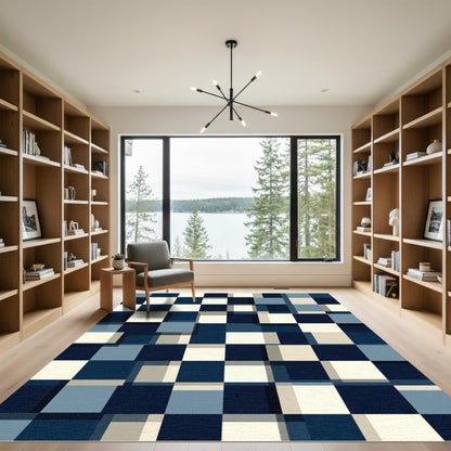 Navy Blue Cream Geometric Checkerboard Rug