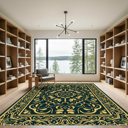 Ornate Golden Botanical Frame Rug