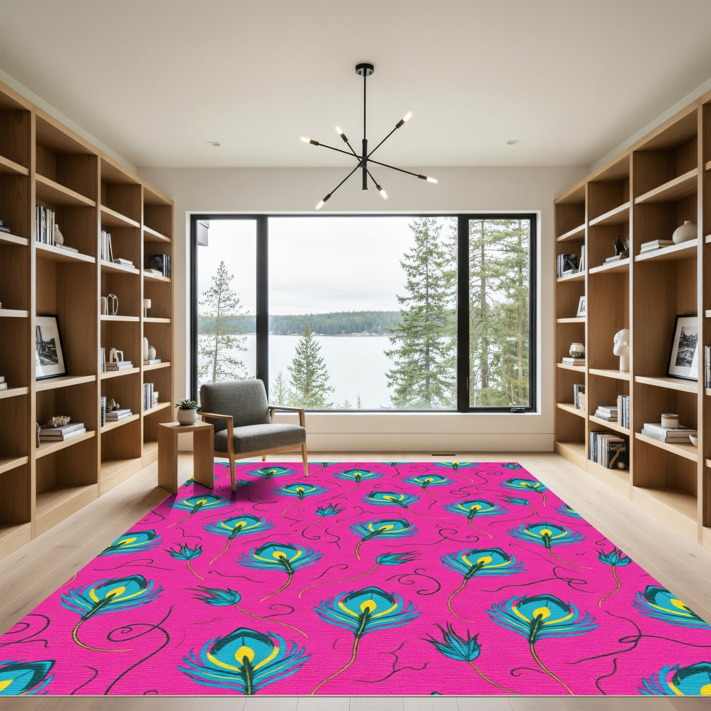 Vibrant Teal Yellow Peacock Feather Rug