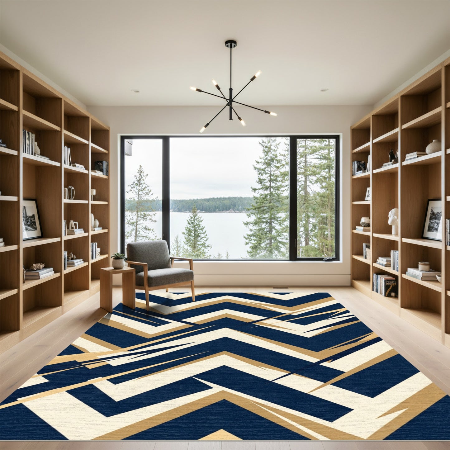 Modern Navy and Gold Chevron Art Rug