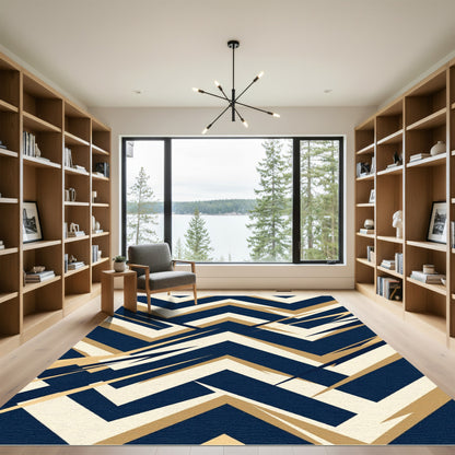 Modern Navy and Gold Chevron Art Rug