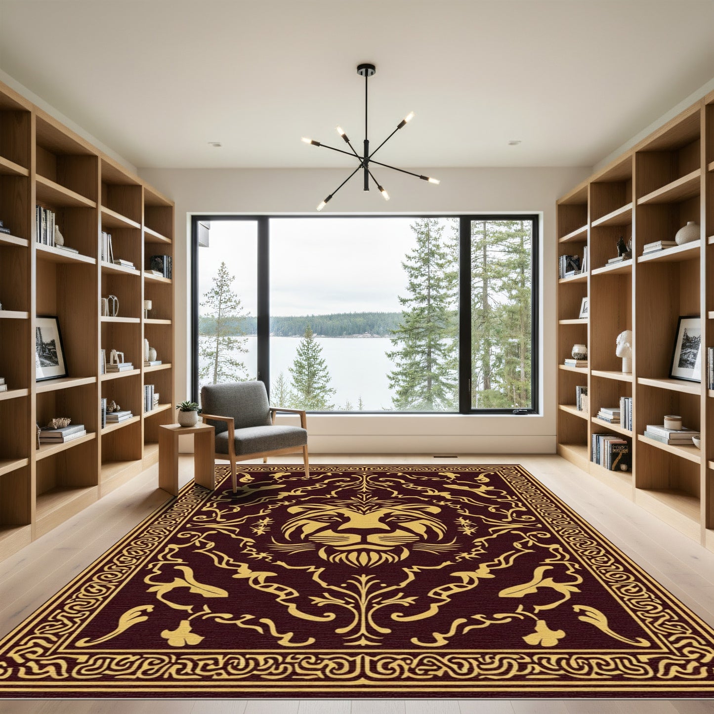 Regal Gold Lion Face Damask Rug
