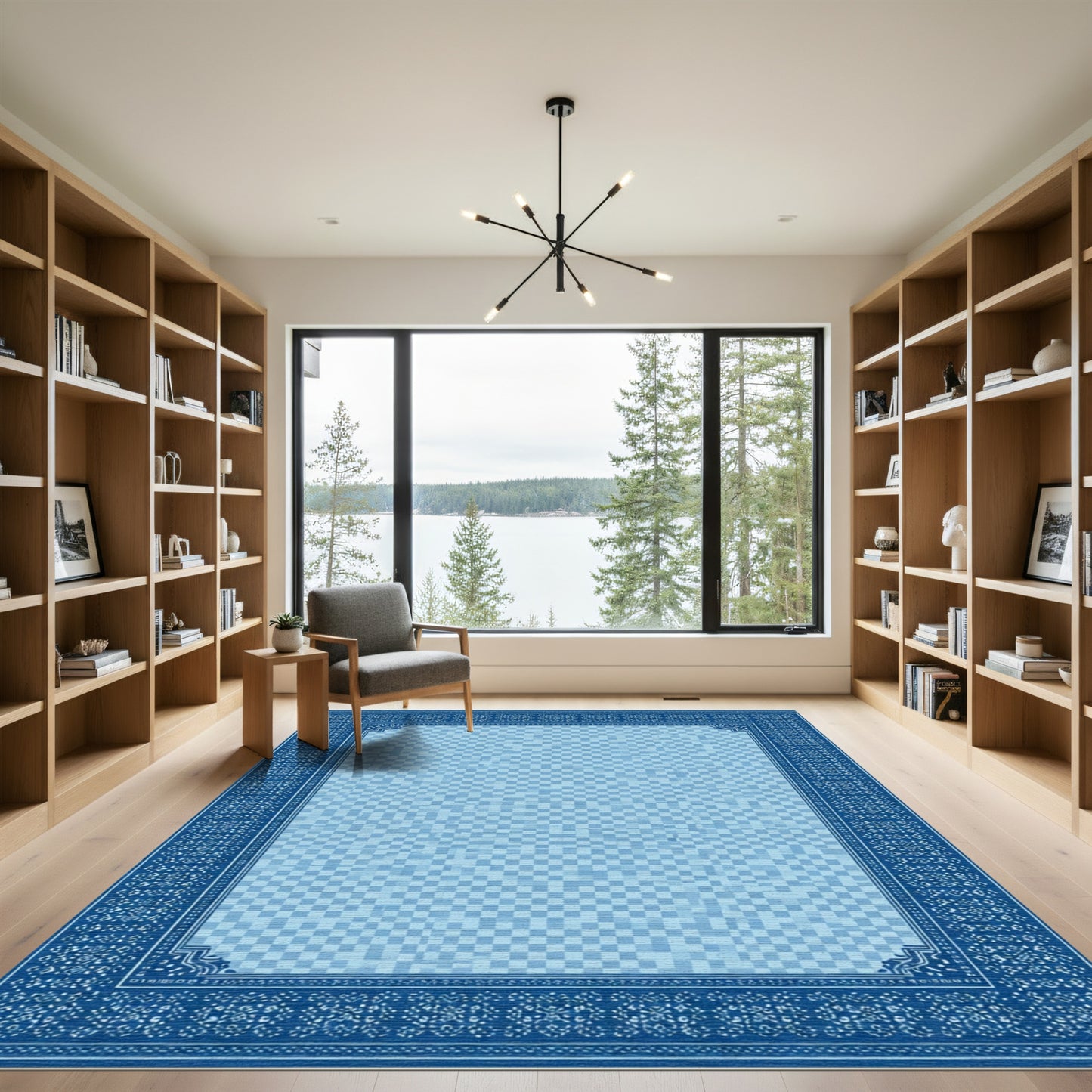 Deep Blue Geometric Checkerboard Border Rug