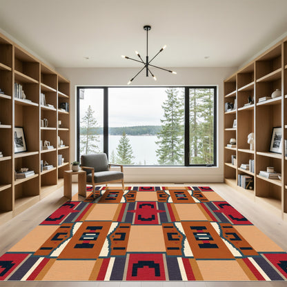 Terracotta Blue Brick Geometric Rug