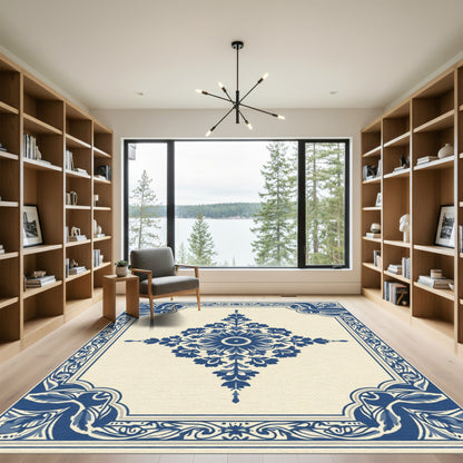Blue Floral Medallion Cream Border Rug
