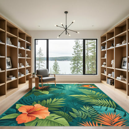 Vibrant Jungle Leaves Bird of Paradise Rug
