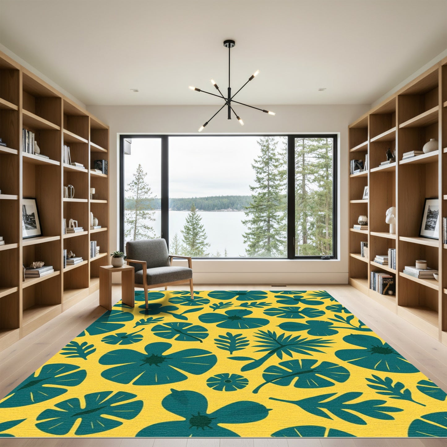 Teal Floral Botanical Yellow Background Rug