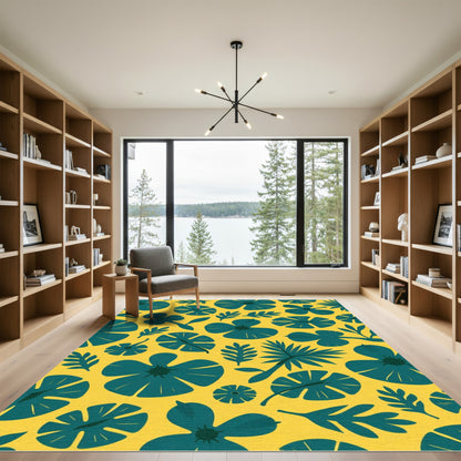 Teal Floral Botanical Yellow Background Rug