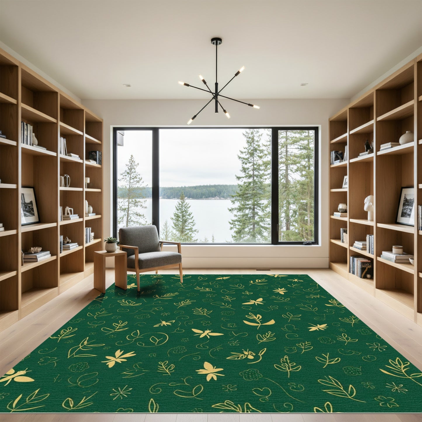 Gold Outline Leaf Butterfly Garden Rug
