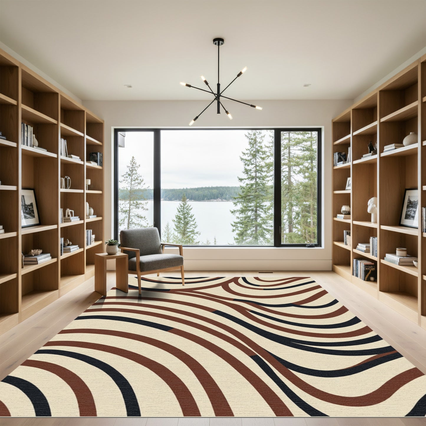 Cream Brown Black Wavy Stripe Rug