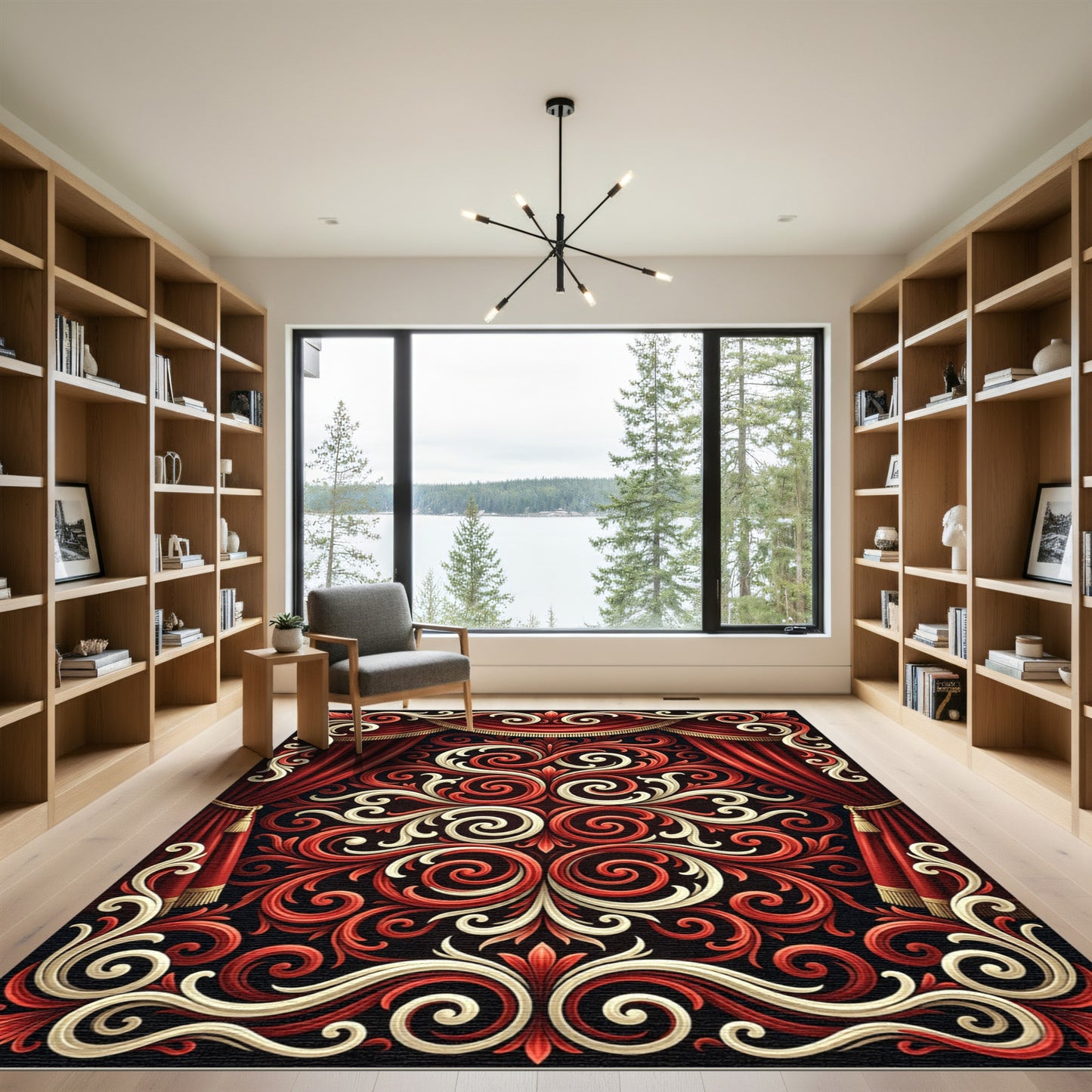 Elegant Crimson Cream Baroque Scroll Rug