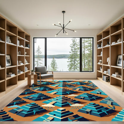 Geometric Step Pyramid Corn Teal Rug