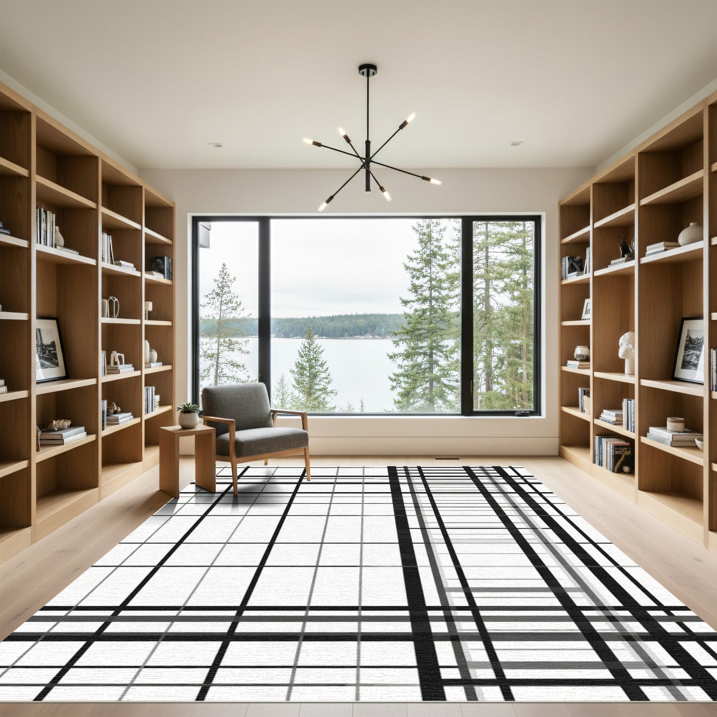 Modern Black White Grid Check Rug
