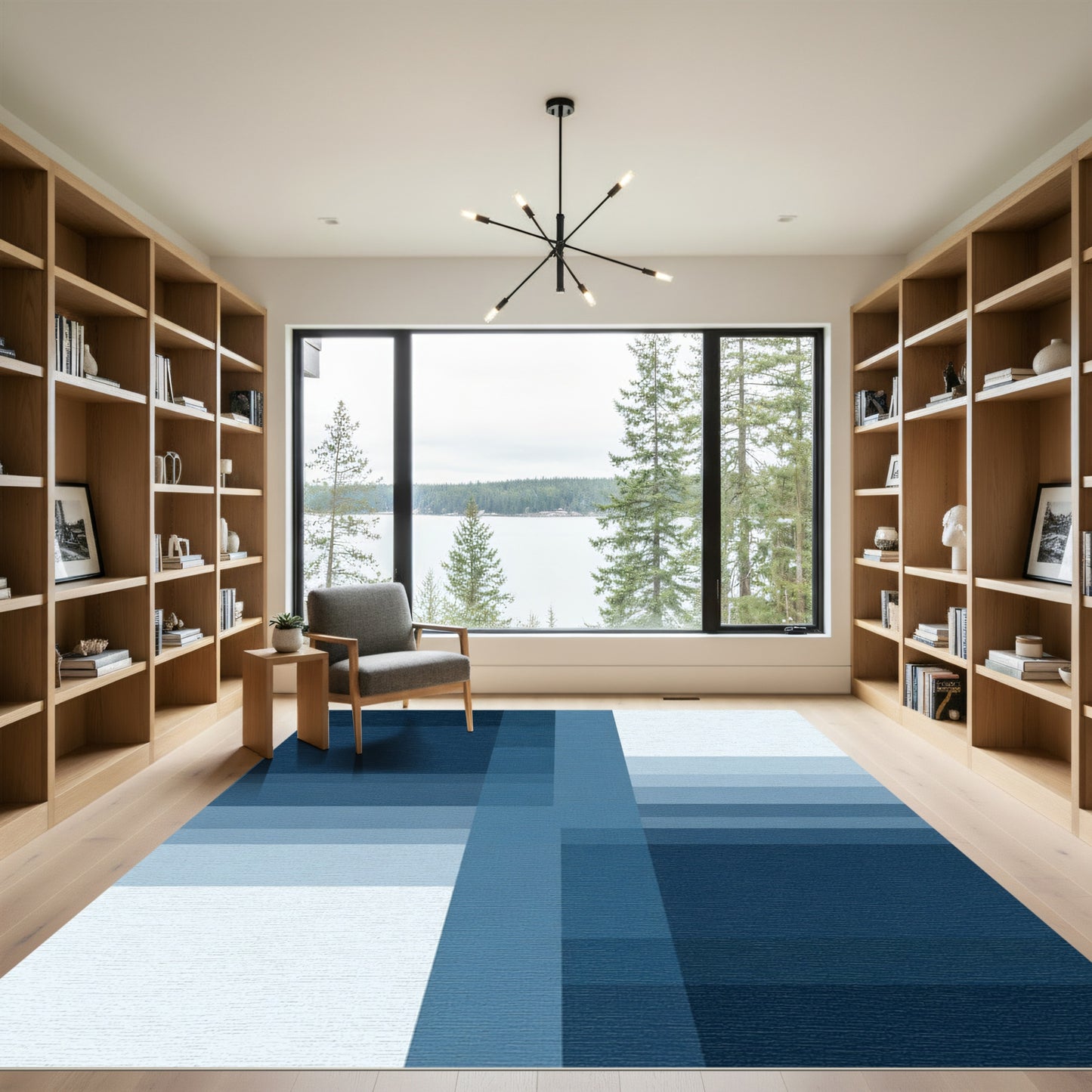 Deep Blue Striped Geometric Blocks Rug