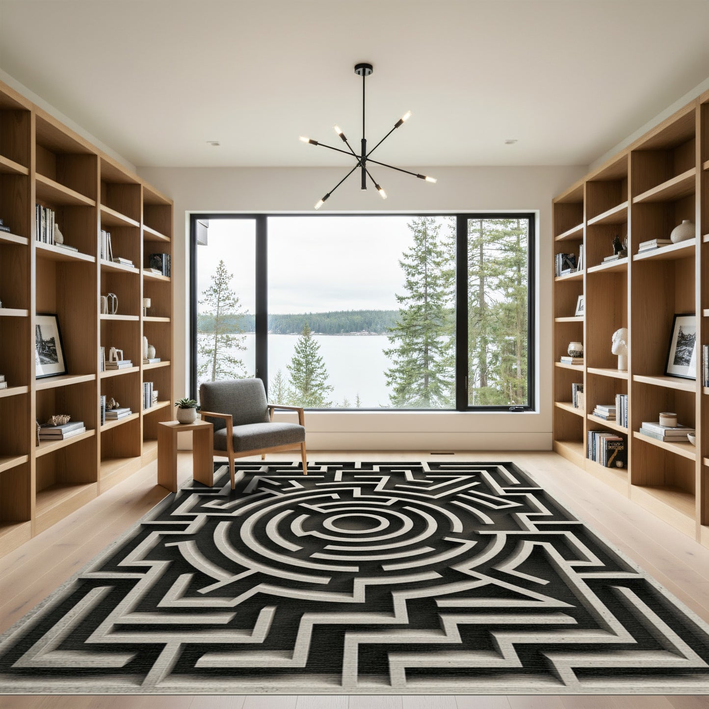 Monochromatic Abstract Architectural Circular Maze Rug