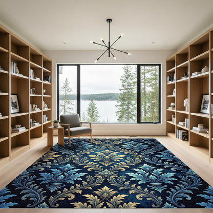 Damask Blue Gold Floral Ornament Rug