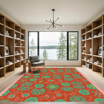 Fiery Red Teal Floral Medallion Array Rug