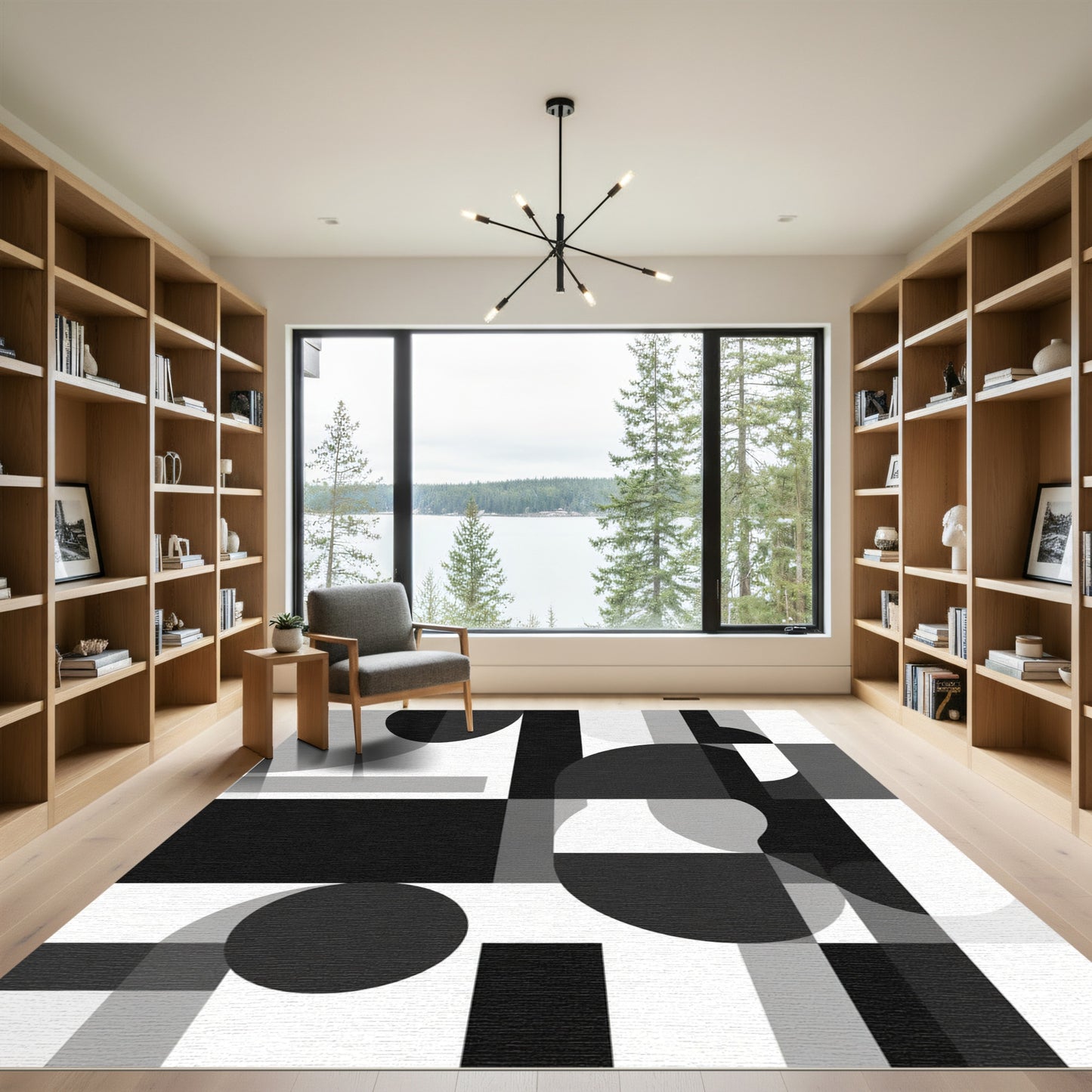 Monochromatic Abstract Geometric Squares Circles Rug