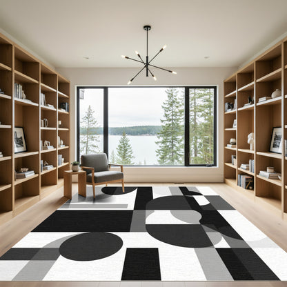 Monochromatic Abstract Geometric Squares Circles Rug