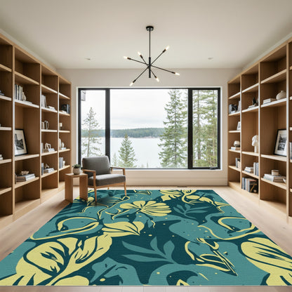 Teal Yellow Abstract Tropical Foliage Rug