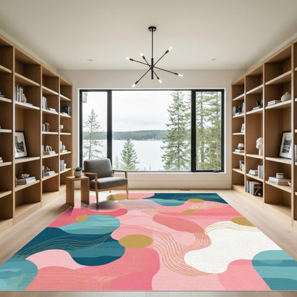 Modern Pink Teal Abstract Organic Waves Rug