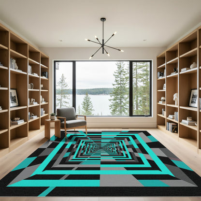 Cyan Geometric Tunnel Abstract Optical Rug