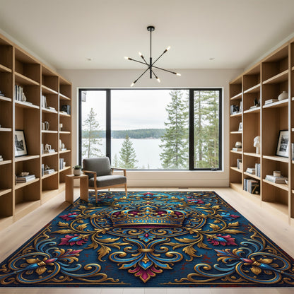 Majestic Royal Blue Gold Crown Medallion Rug