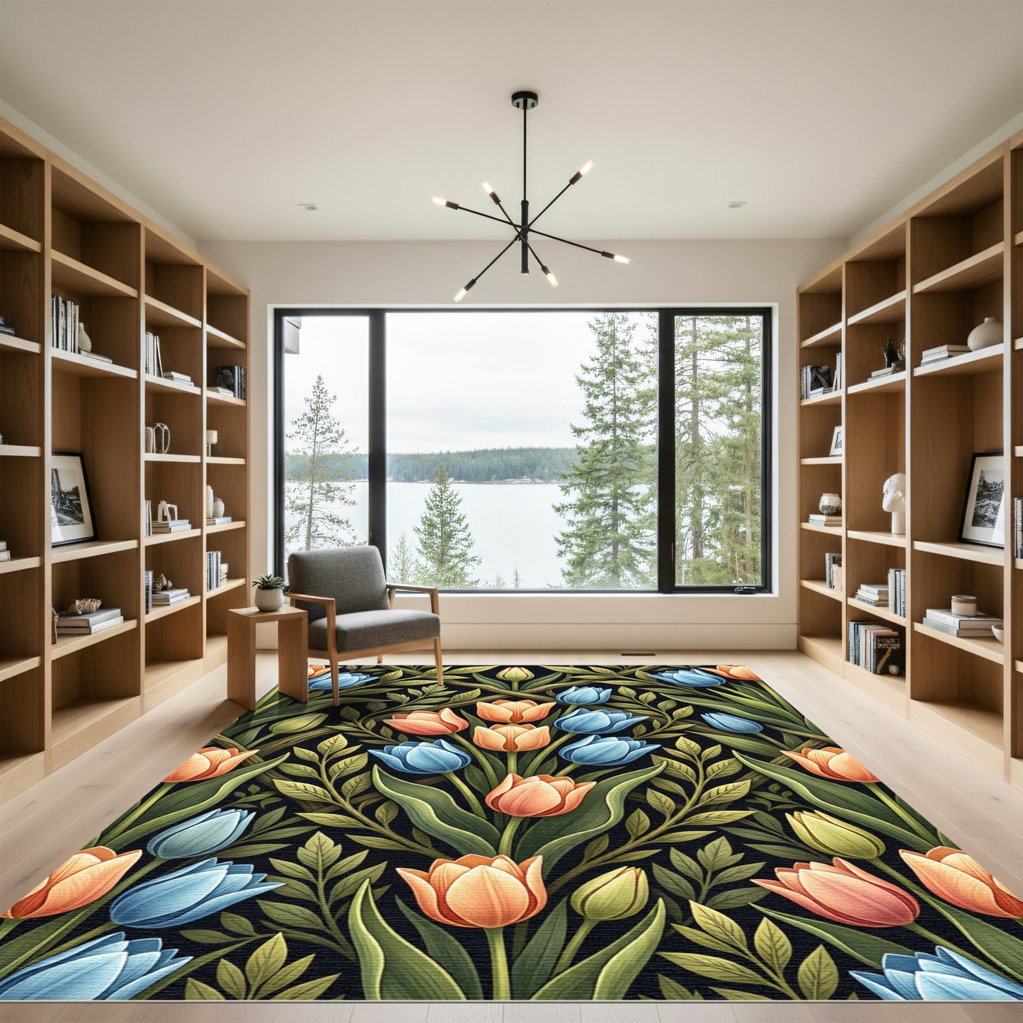 Elegant Peach and Blue Tulip Bouquet Rug