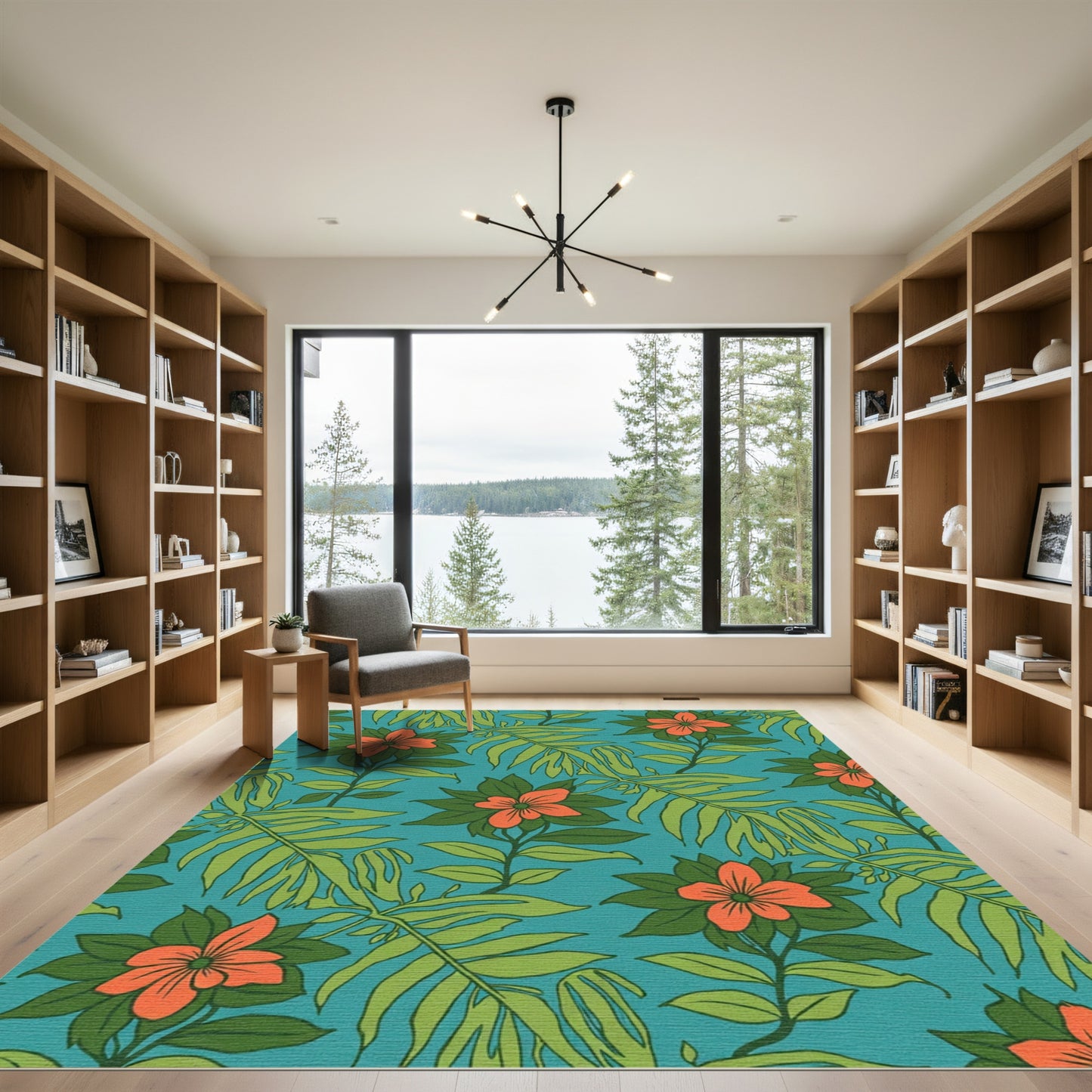 Vibrant Orange Floral Tropical Leaves Rug