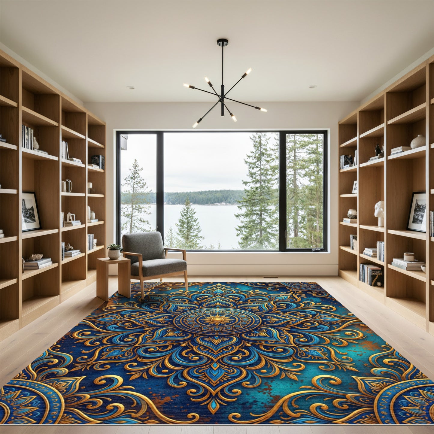 Opulent Golden Floral Medallion Blue Area Rug