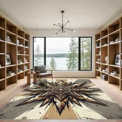 Golden Celestial Geometric Sunburst Medallion Rug