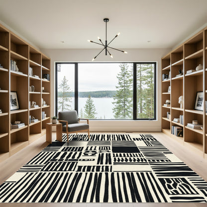 Bold Black White Patchwork Stripes Rug