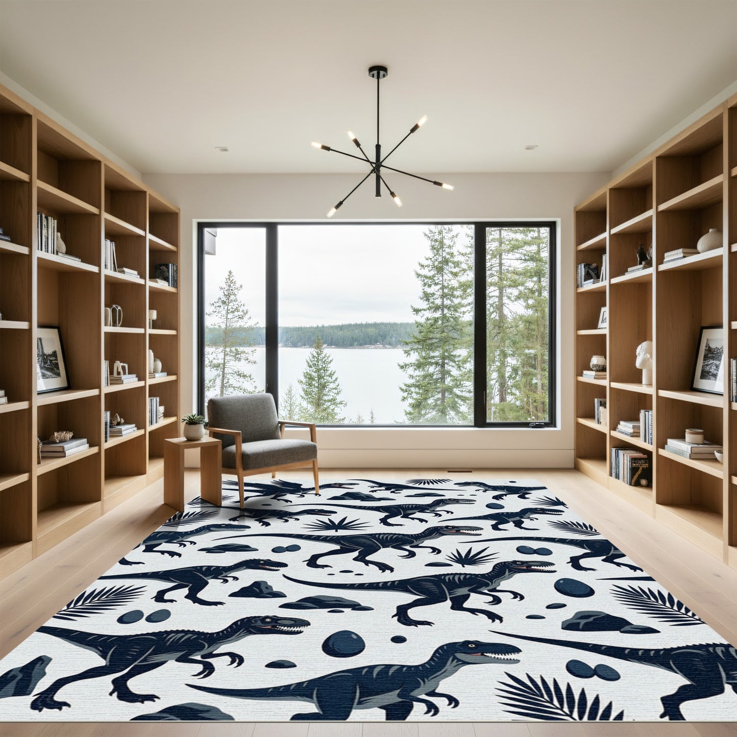 Monochromatic Prehistoric Dinosaur Jungle Scene Rug