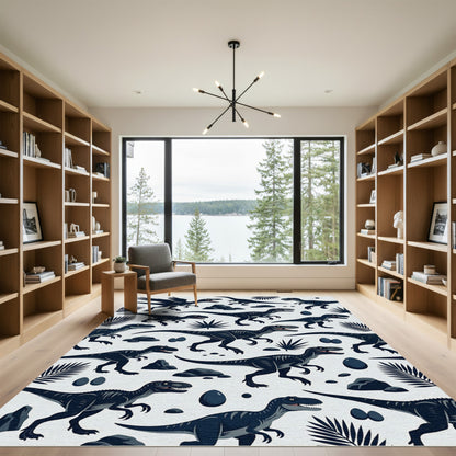 Monochromatic Prehistoric Dinosaur Jungle Scene Rug