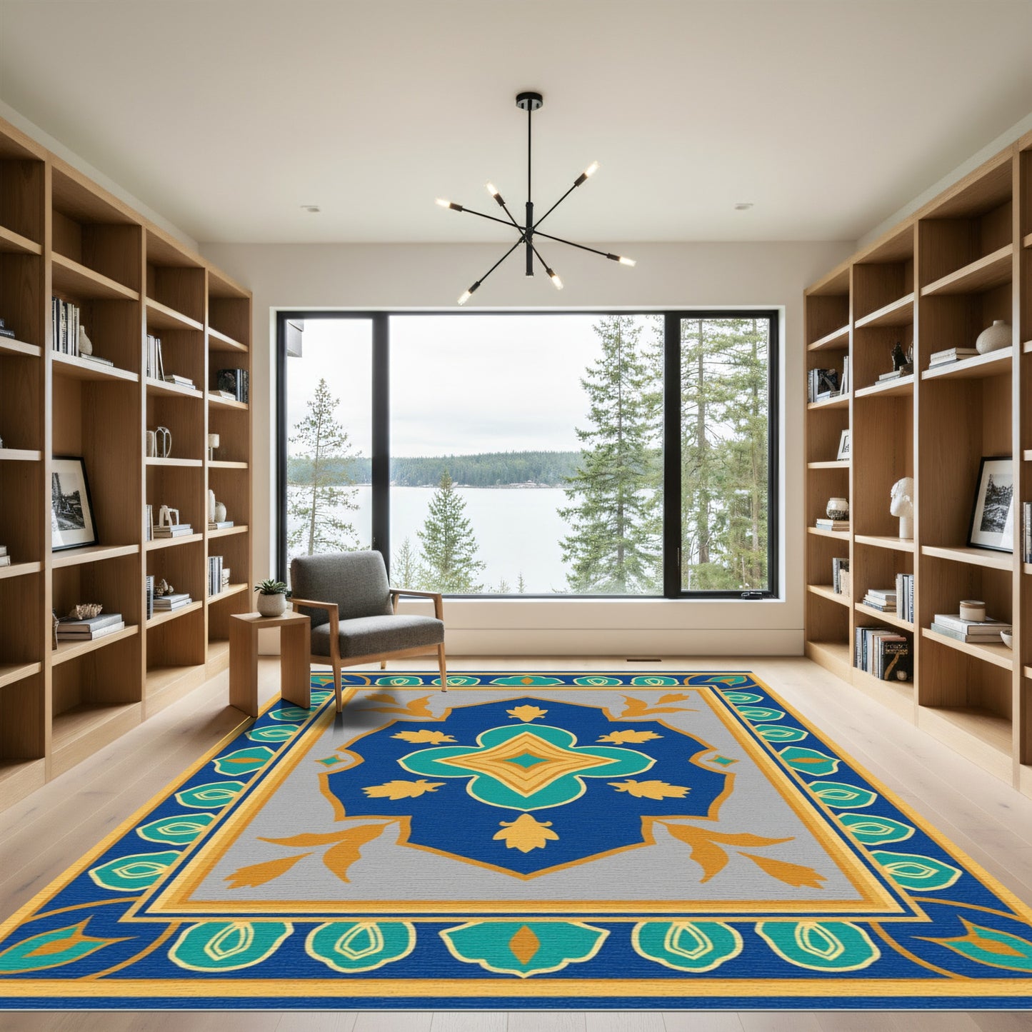 Deep Blue Golden Medallion Border Rug
