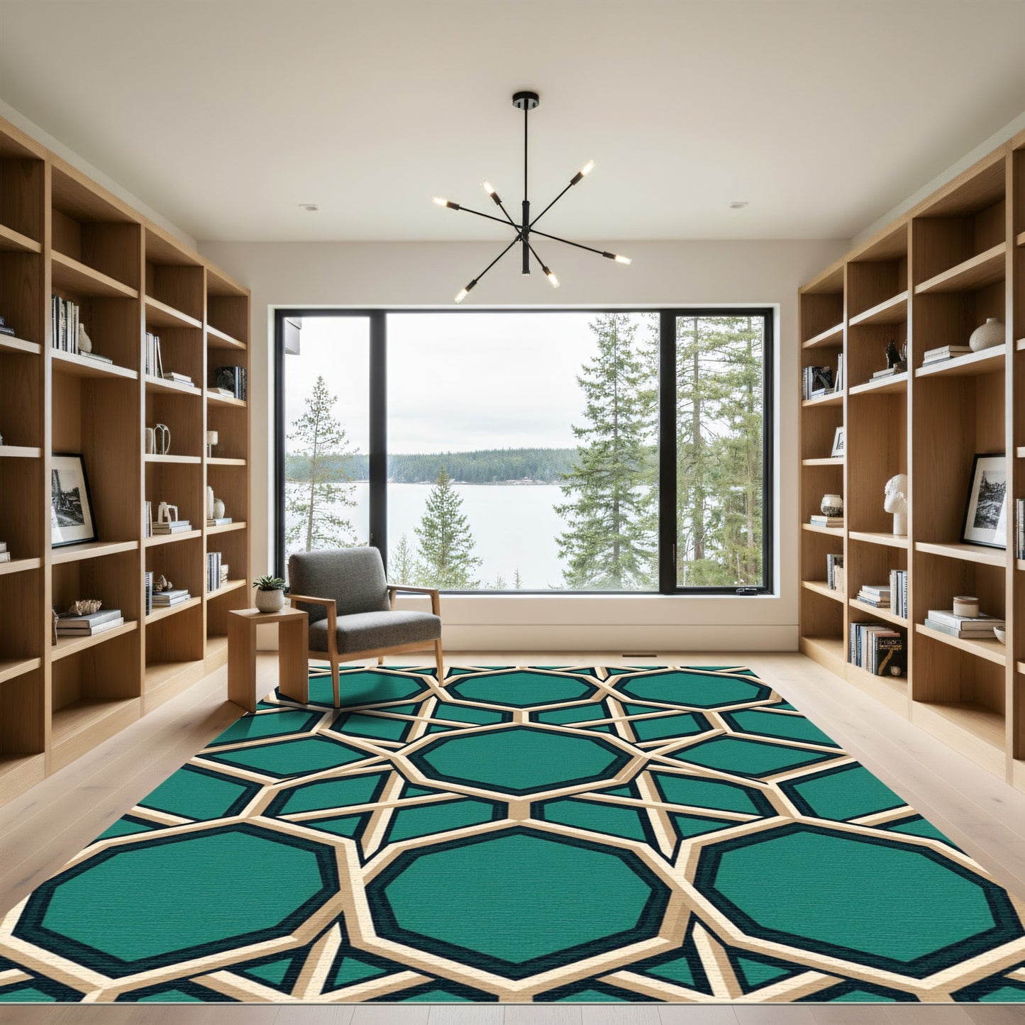 Teal Geometric Octagon Interlocking Lattice Rug