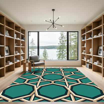 Teal Geometric Octagon Interlocking Lattice Rug