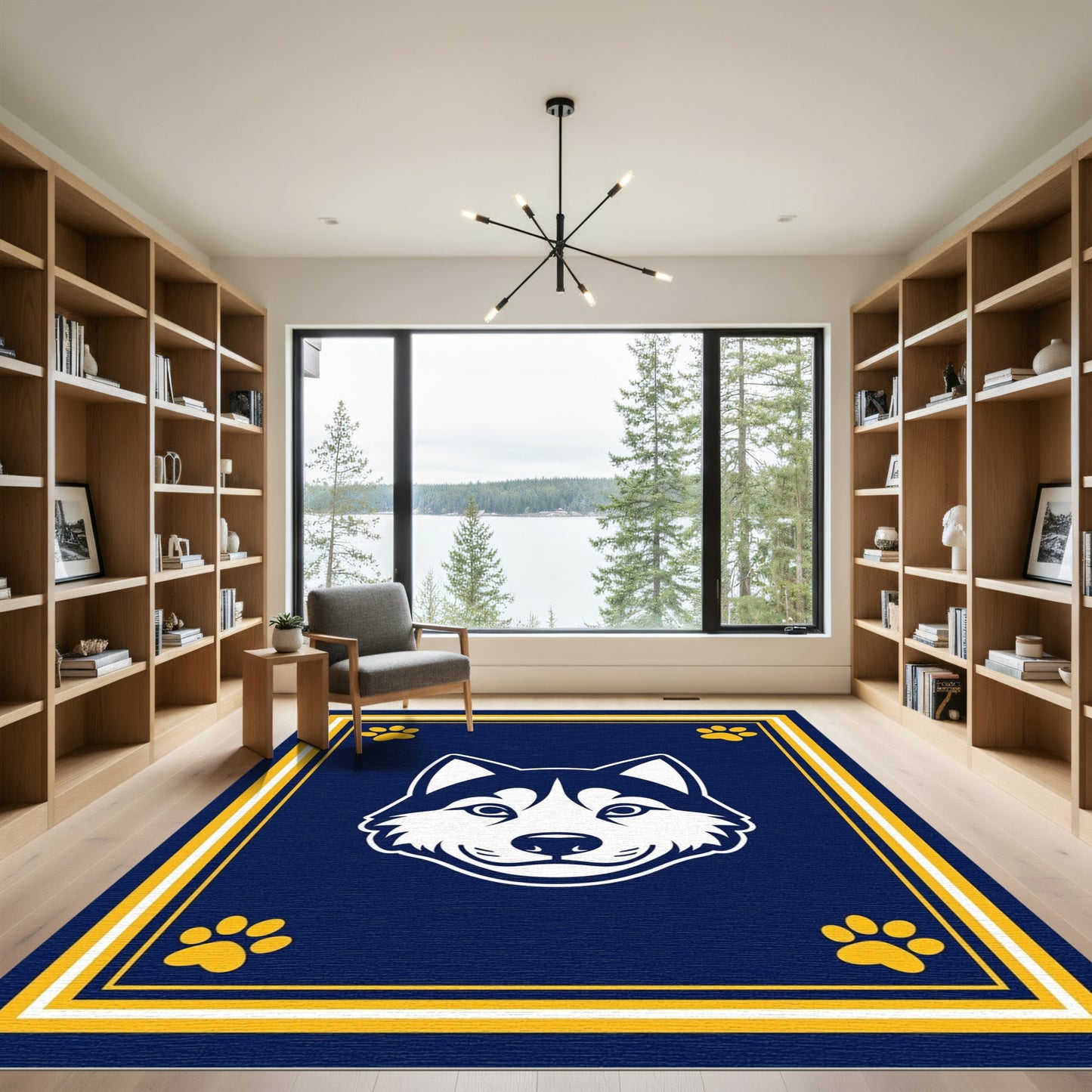 Navy Blue Yellow Husky Paw Accent Rug